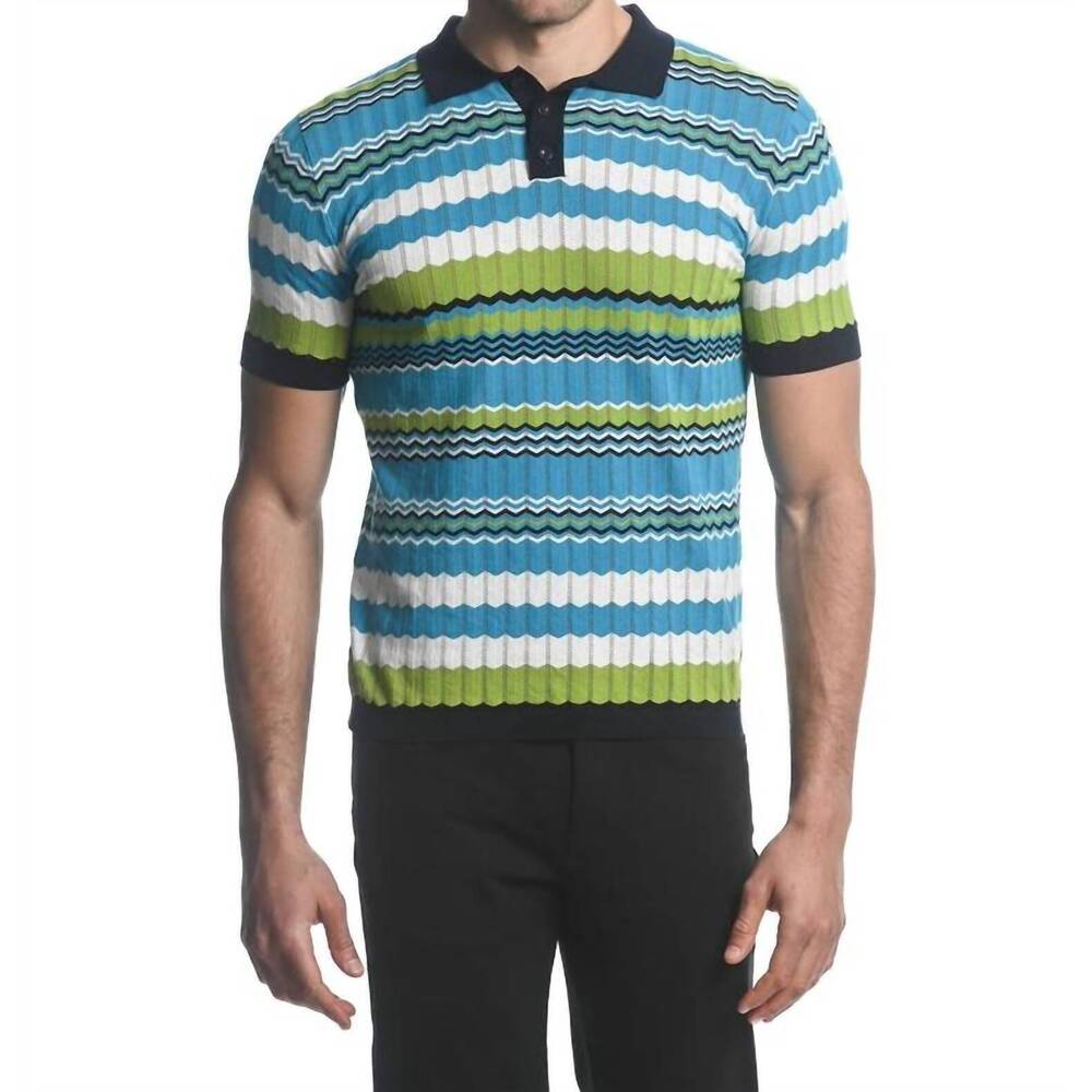 NEW POSTMARC chevron strip knit polo shirt in navy/ citrus